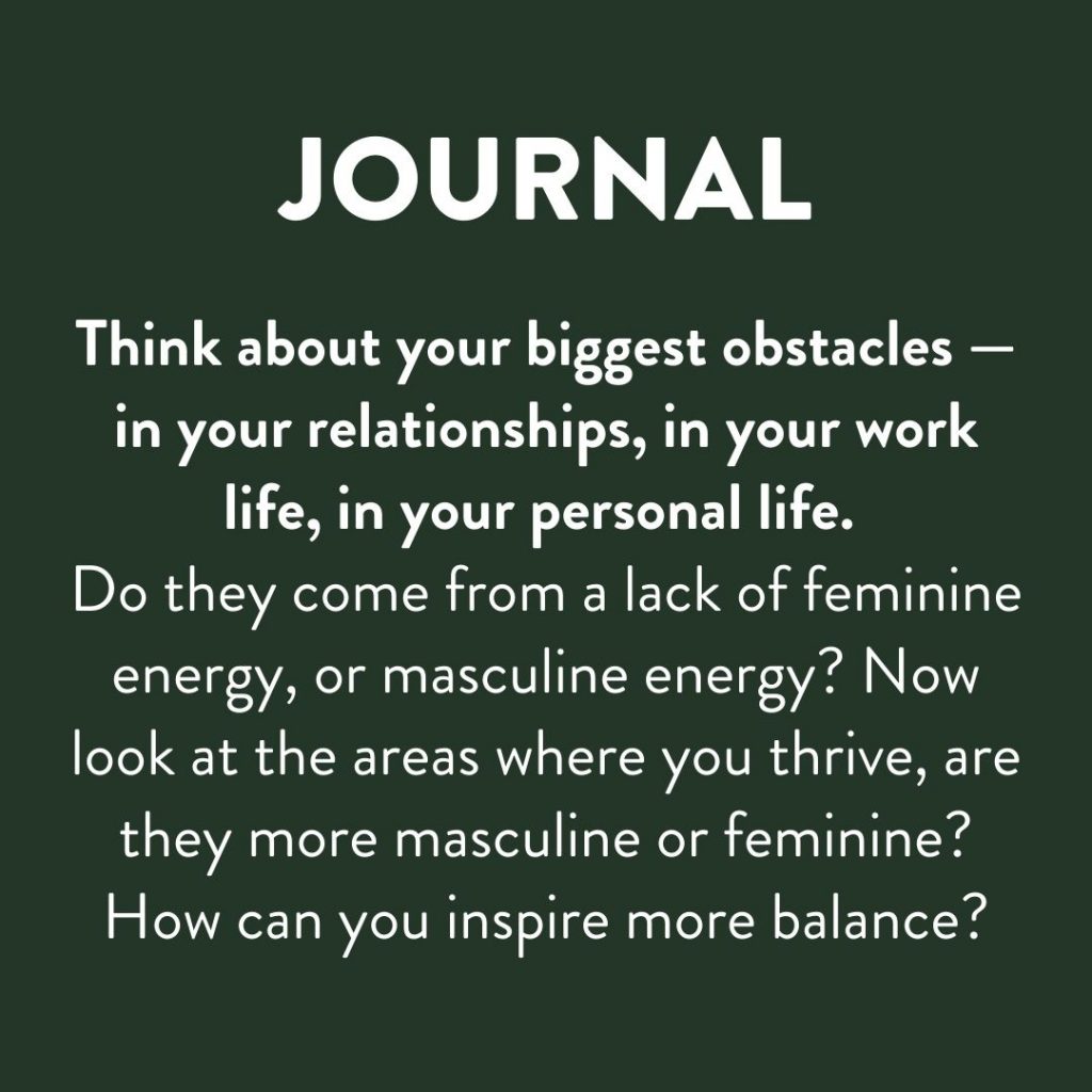 Think about your biggest obstacles–in your relationships, work, and life. Do they come from a lack of feminine energy? Of masculine energy? Now loot at the areas where you thrive, are they more masculine or feminine? How can you inspire more balance between the two?